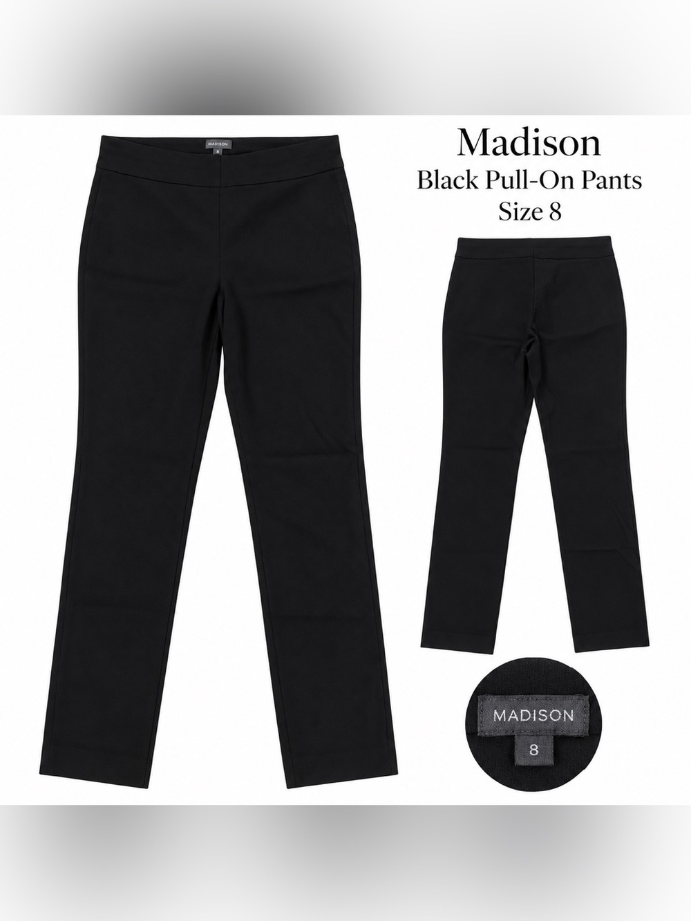 Madison Black Pull On Slim Ankle Pants Size 8